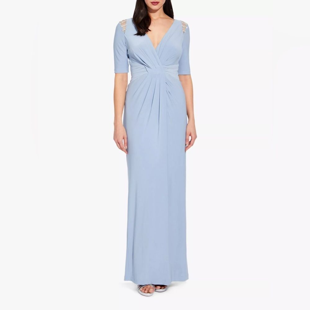 NWOT Adrianna Papell Blue Embellished Faux Wrap V-neck Jersey Maxi Dress SZ 12